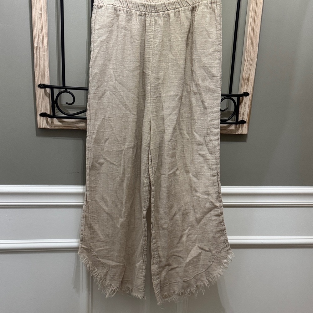 Chic Beige Frayed Hem Pants cotton